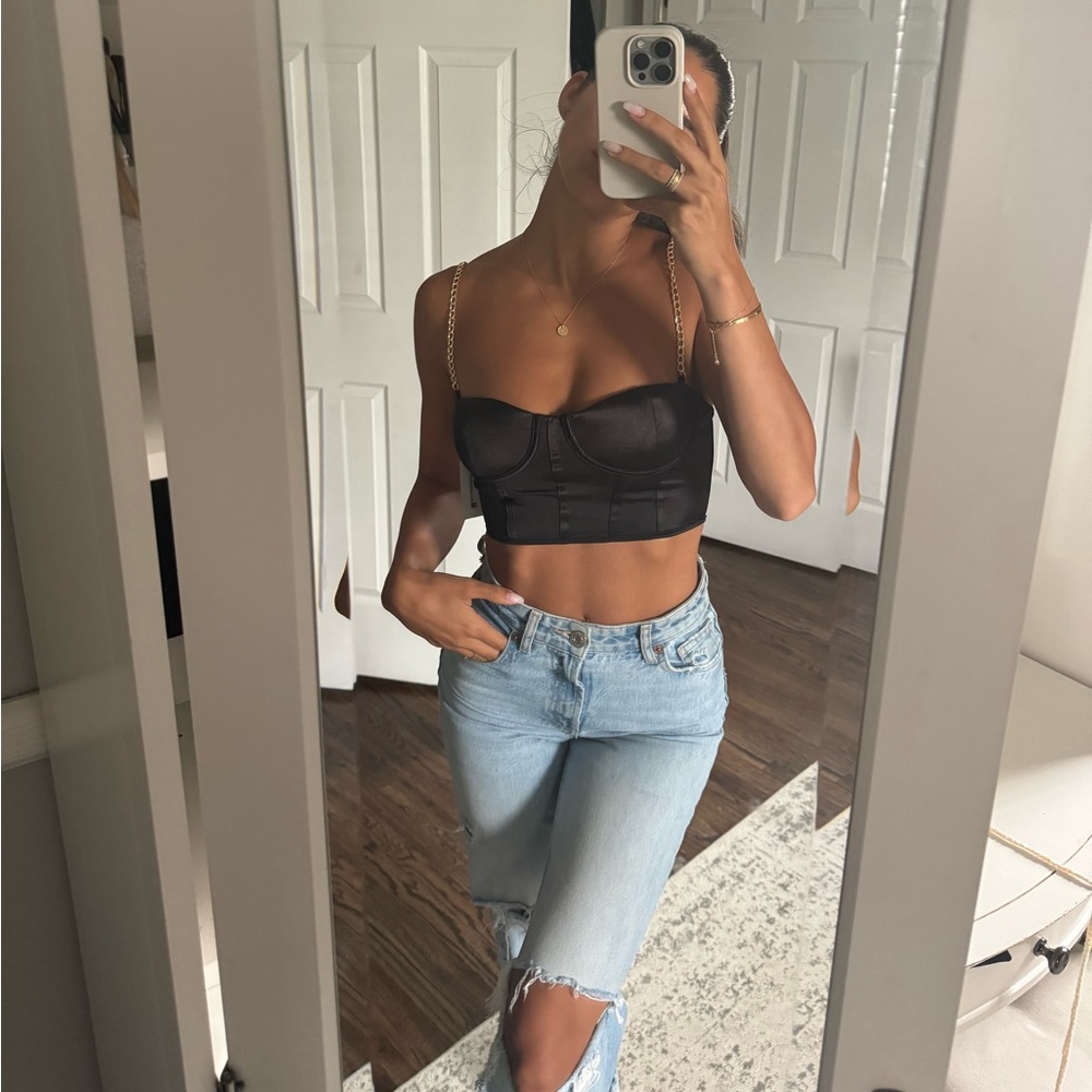 Black crop top with gold chain straps